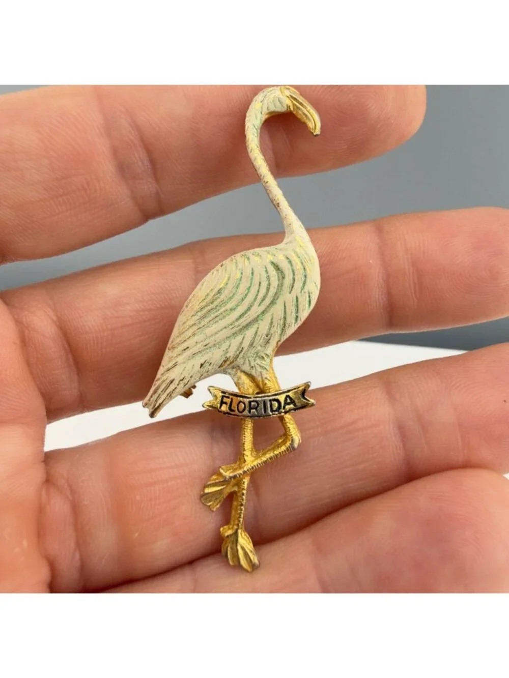 Vintage Enamel Brooch Set Flamingo Palm Tree Crane Pins Retro Florida